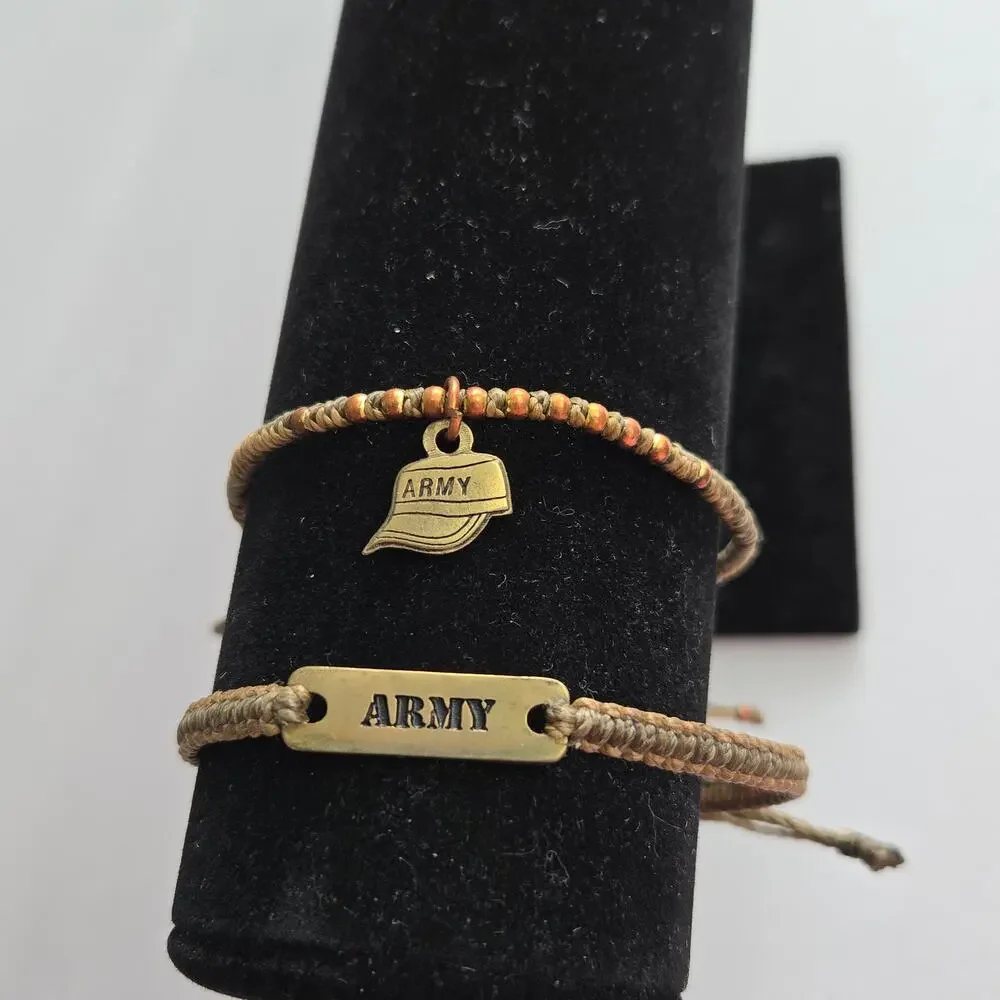US Army Braided Woven Corded Embellished Adjustable Bracelets - Set of 2